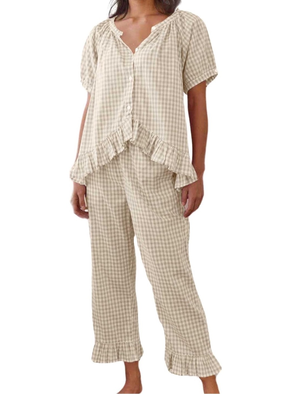 Gingham Pajama Set 2 Piece Short Sleeve Babydoll Shirt and Pants Lounge Set